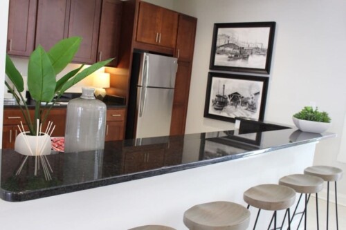 Clubhouse kitchen counter with bar stools at Clairmont at Campostella Station Apartments