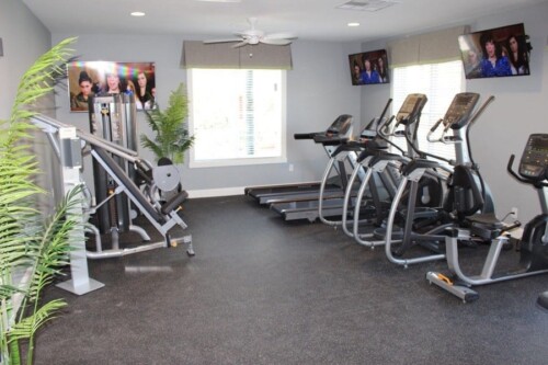 Fitness center cardio machines and TVs at Clairmont at Campostella Station Apartments