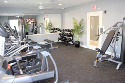 Fitness center with cardio and strength equipment at Clairmont at Campostella Station Apartments